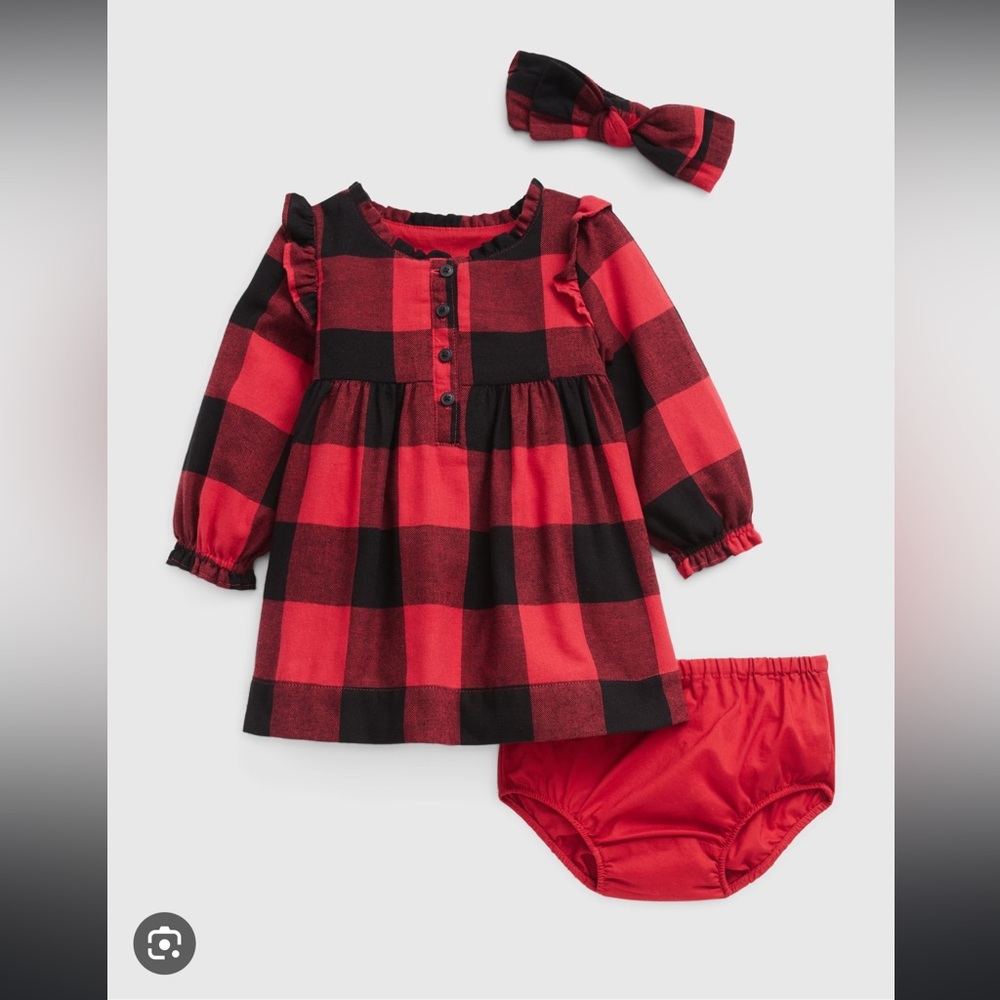 Baby Gap 12-18 month buffalo check dress set with matching bow & diaper cover